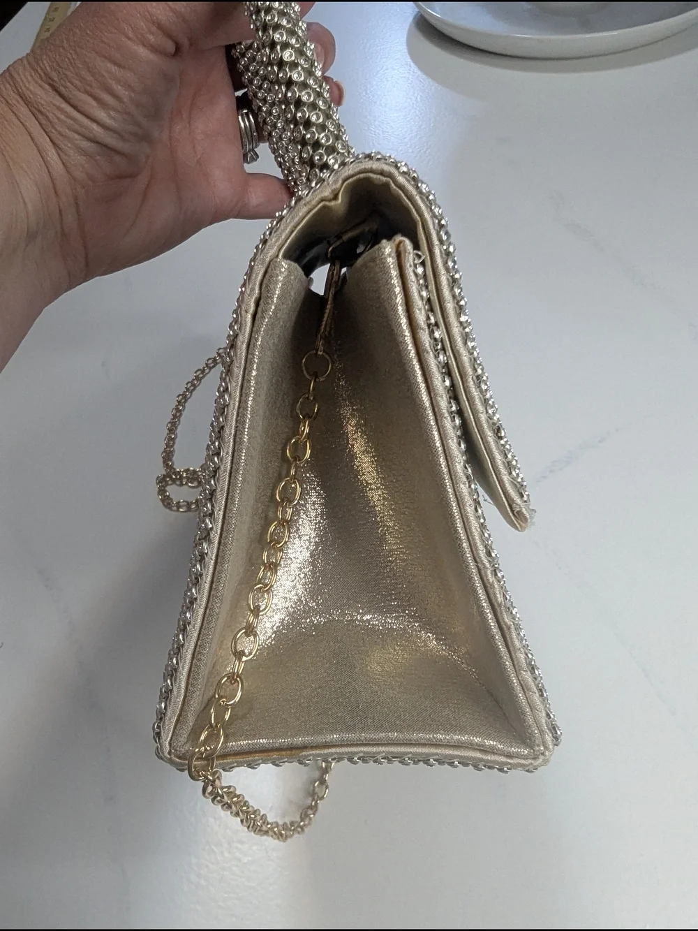 Jessica McClintock Remi Rhinestone Handle Bag Silver W/ Gold Tone Evening Clutch